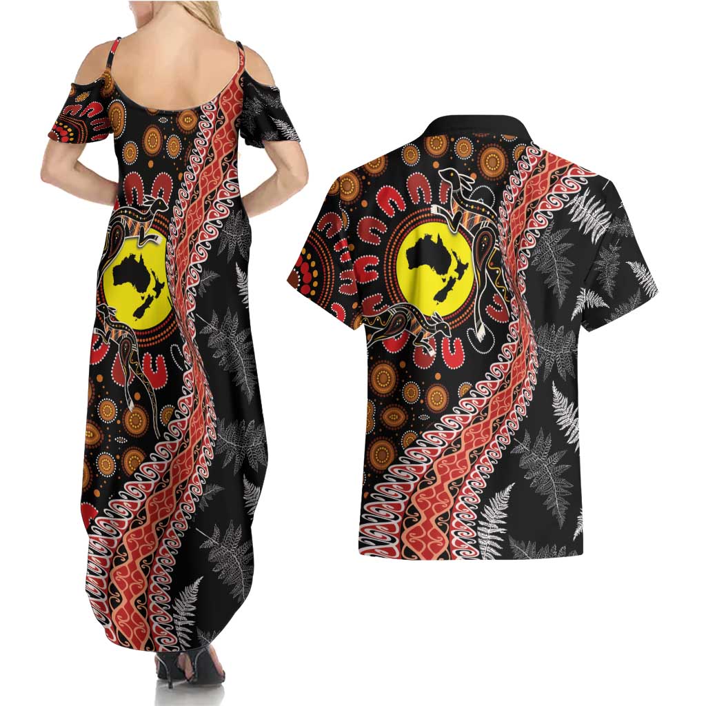 Aotearoa and Australia Couples Matching Summer Maxi Dress and Hawaiian Shirt Maori Koru Ferns With Aboriginal Kangaroo LT03 - Polynesian Pride