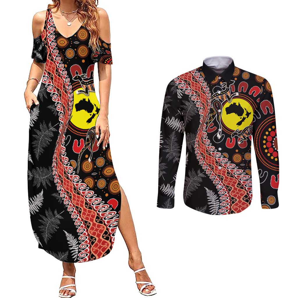 Aotearoa and Australia Couples Matching Summer Maxi Dress and Long Sleeve Button Shirt Maori Koru Ferns With Aboriginal Kangaroo LT03 Black - Polynesian Pride