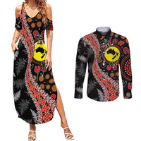 Aotearoa and Australia Couples Matching Summer Maxi Dress and Long Sleeve Button Shirt Maori Koru Ferns With Aboriginal Kangaroo LT03 Black - Polynesian Pride