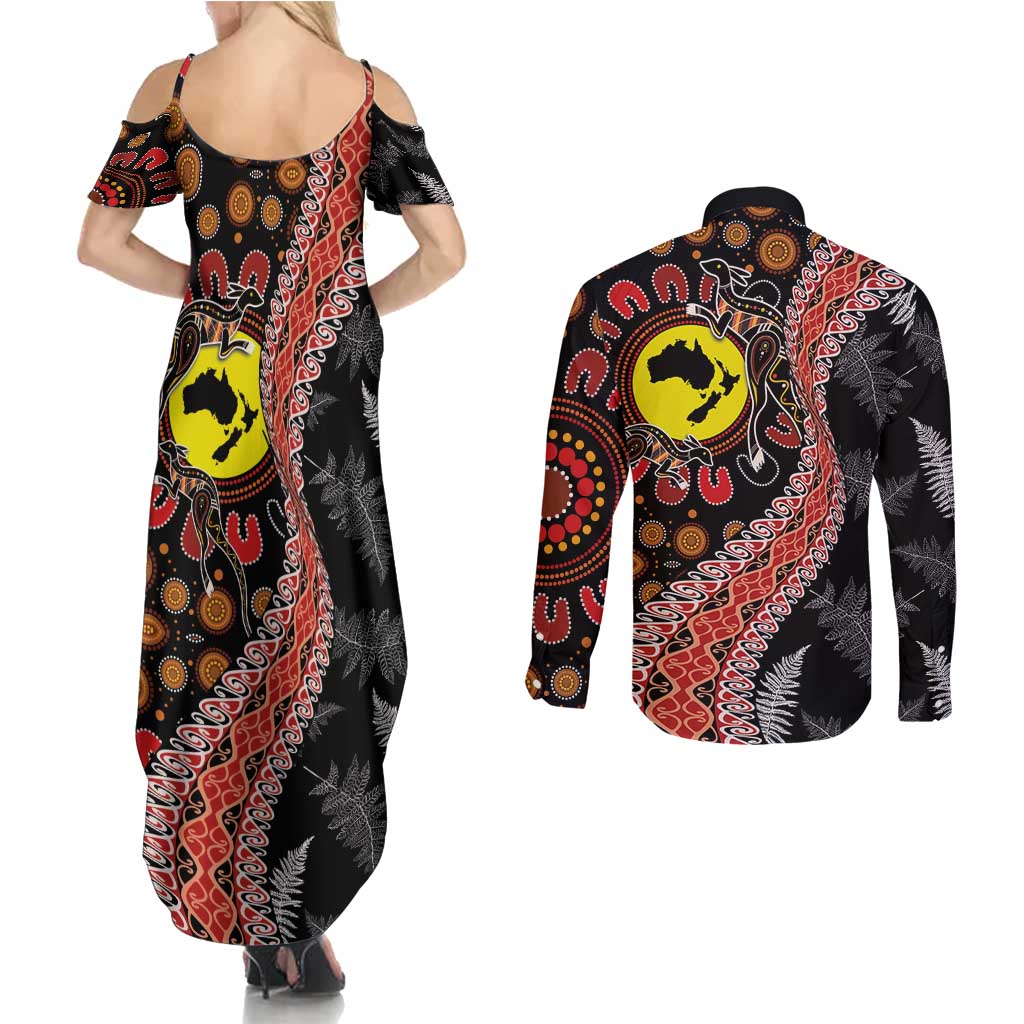 Aotearoa and Australia Couples Matching Summer Maxi Dress and Long Sleeve Button Shirt Maori Koru Ferns With Aboriginal Kangaroo LT03 - Polynesian Pride
