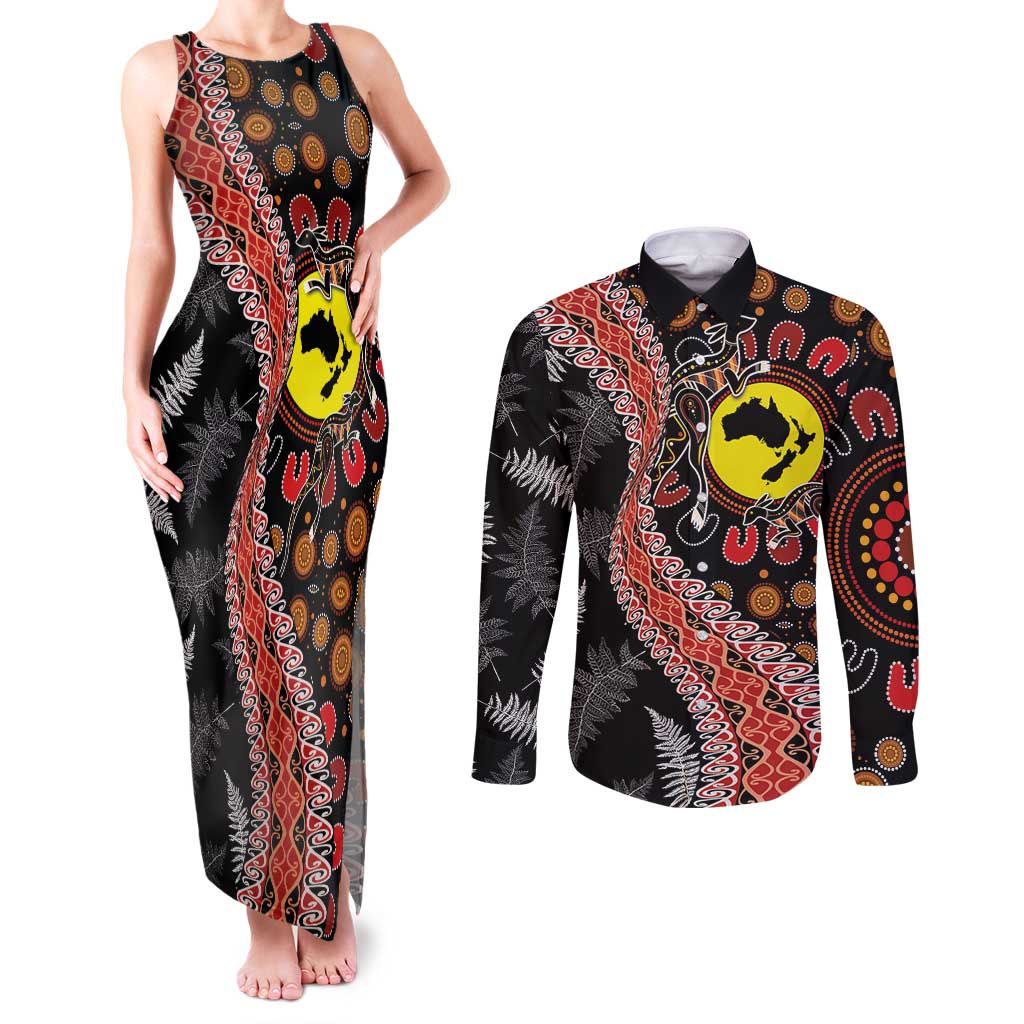 Aotearoa and Australia Couples Matching Tank Maxi Dress and Long Sleeve Button Shirt Maori Koru Ferns With Aboriginal Kangaroo LT03 Black - Polynesian Pride