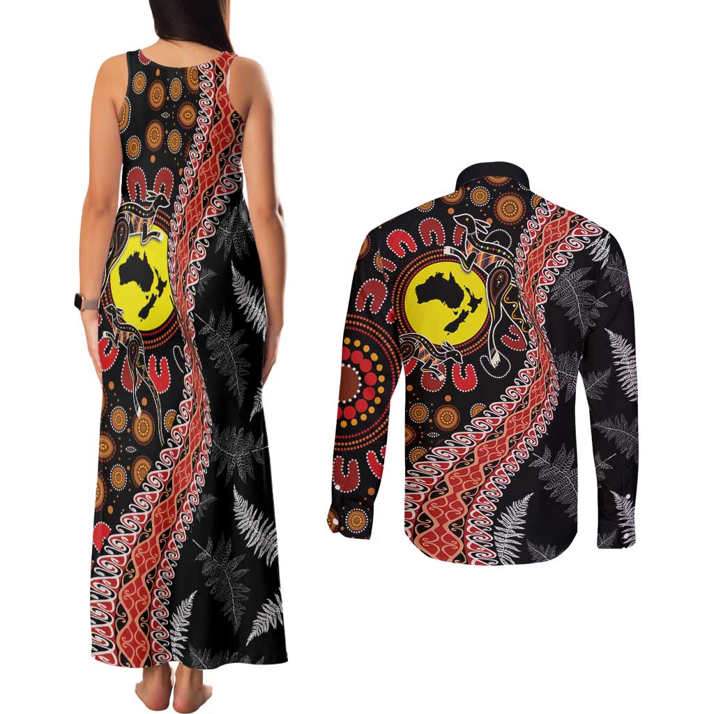 Aotearoa and Australia Couples Matching Tank Maxi Dress and Long Sleeve Button Shirt Maori Koru Ferns With Aboriginal Kangaroo LT03 - Polynesian Pride