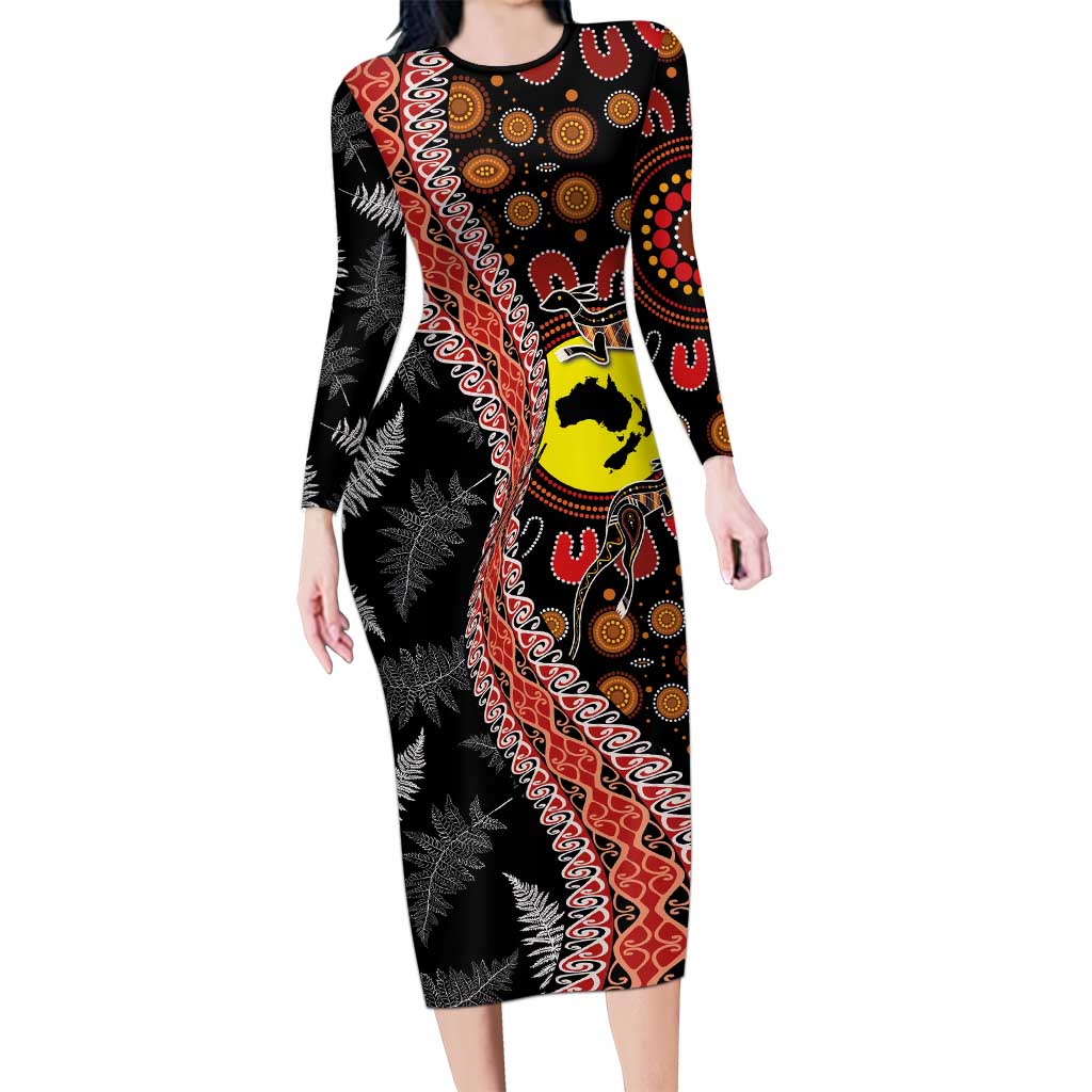 Aotearoa and Australia Family Matching Long Sleeve Bodycon Dress and Hawaiian Shirt Maori Koru Ferns With Aboriginal Kangaroo LT03 Mom's Dress Black - Polynesian Pride