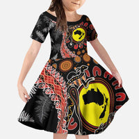 Aotearoa and Australia Family Matching Mermaid Dress and Hawaiian Shirt Maori Koru Ferns With Aboriginal Kangaroo LT03 Daughter's Dress Black - Polynesian Pride