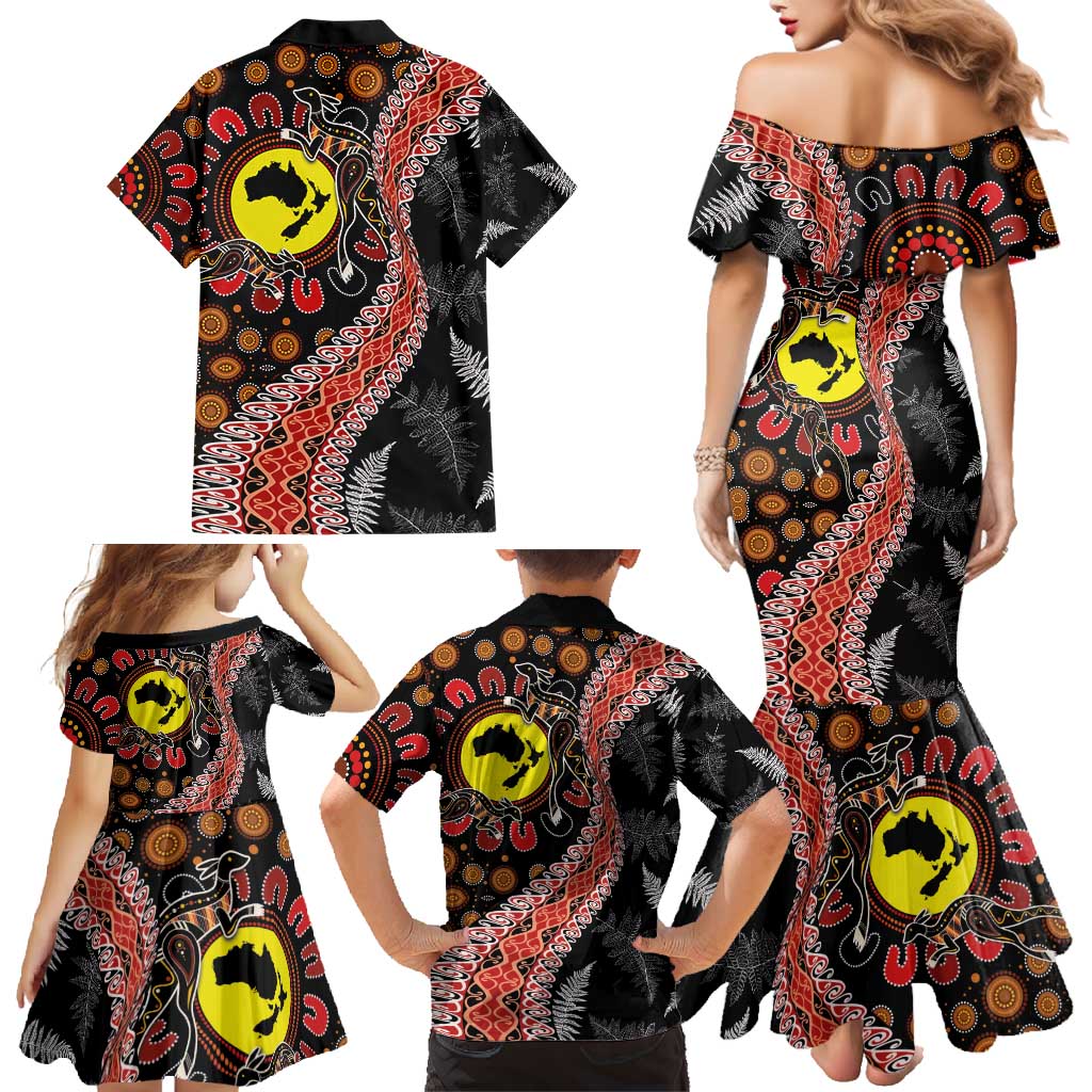 Aotearoa and Australia Family Matching Mermaid Dress and Hawaiian Shirt Maori Koru Ferns With Aboriginal Kangaroo LT03 - Polynesian Pride