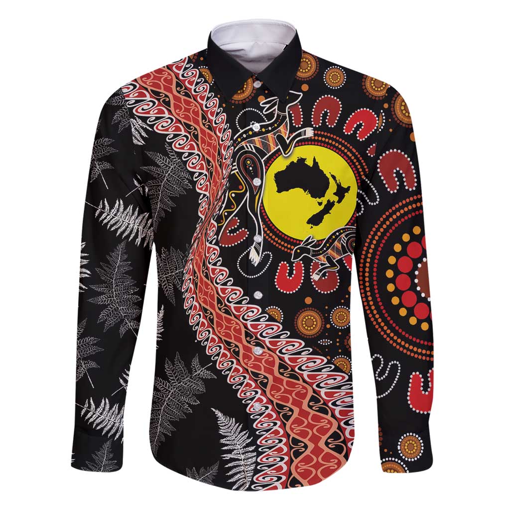 Aotearoa and Australia Family Matching Mermaid Dress and Hawaiian Shirt Maori Koru Ferns With Aboriginal Kangaroo LT03 Dad's Shirt - Long Sleeve Black - Polynesian Pride