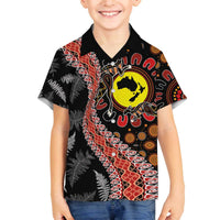 Aotearoa and Australia Family Matching Off The Shoulder Long Sleeve Dress and Hawaiian Shirt Maori Koru Ferns With Aboriginal Kangaroo LT03 Son's Shirt Black - Polynesian Pride