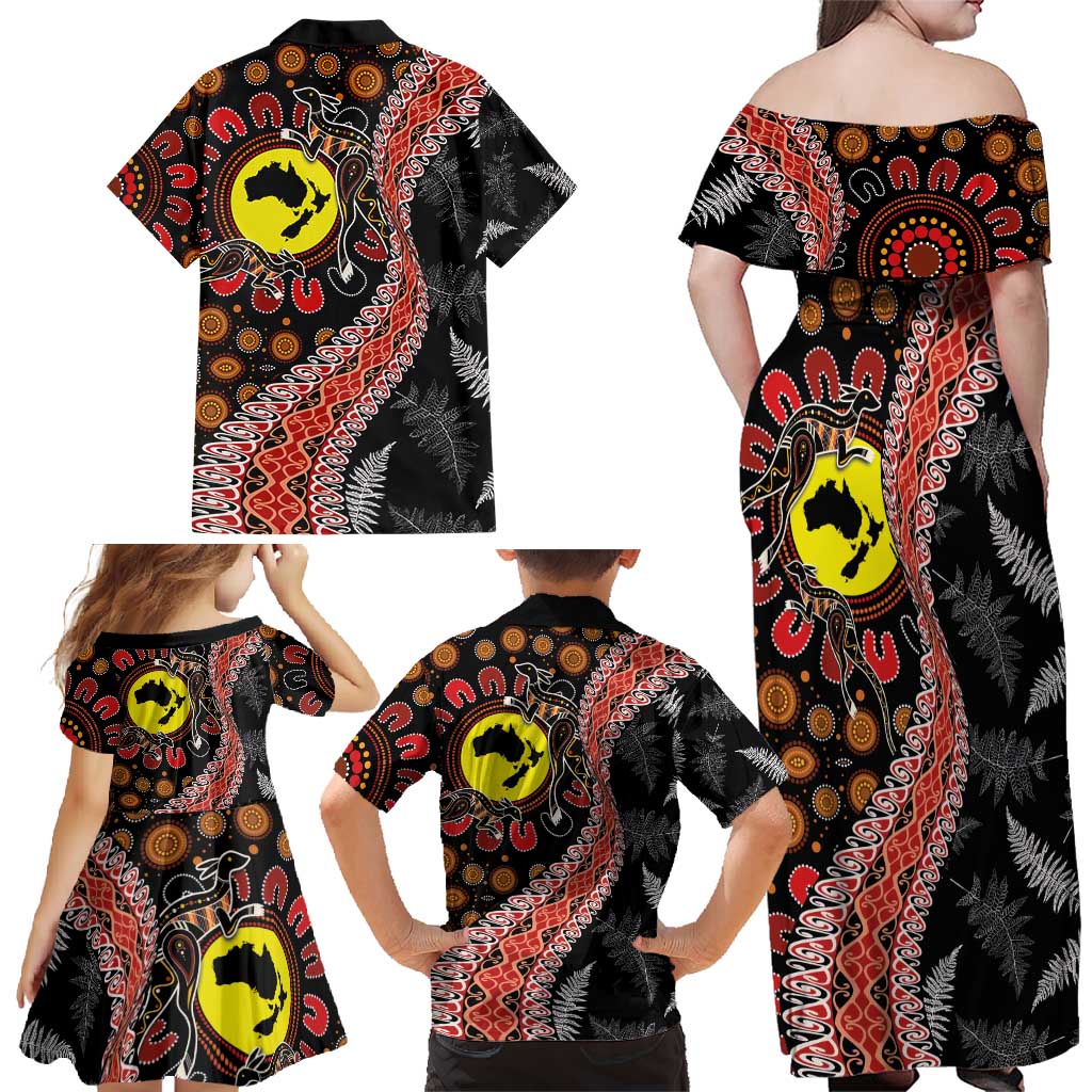 Aotearoa and Australia Family Matching Off Shoulder Maxi Dress and Hawaiian Shirt Maori Koru Ferns With Aboriginal Kangaroo LT03 - Polynesian Pride