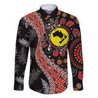 Aotearoa and Australia Family Matching Off Shoulder Maxi Dress and Hawaiian Shirt Maori Koru Ferns With Aboriginal Kangaroo LT03 Dad's Shirt - Long Sleeve Black - Polynesian Pride