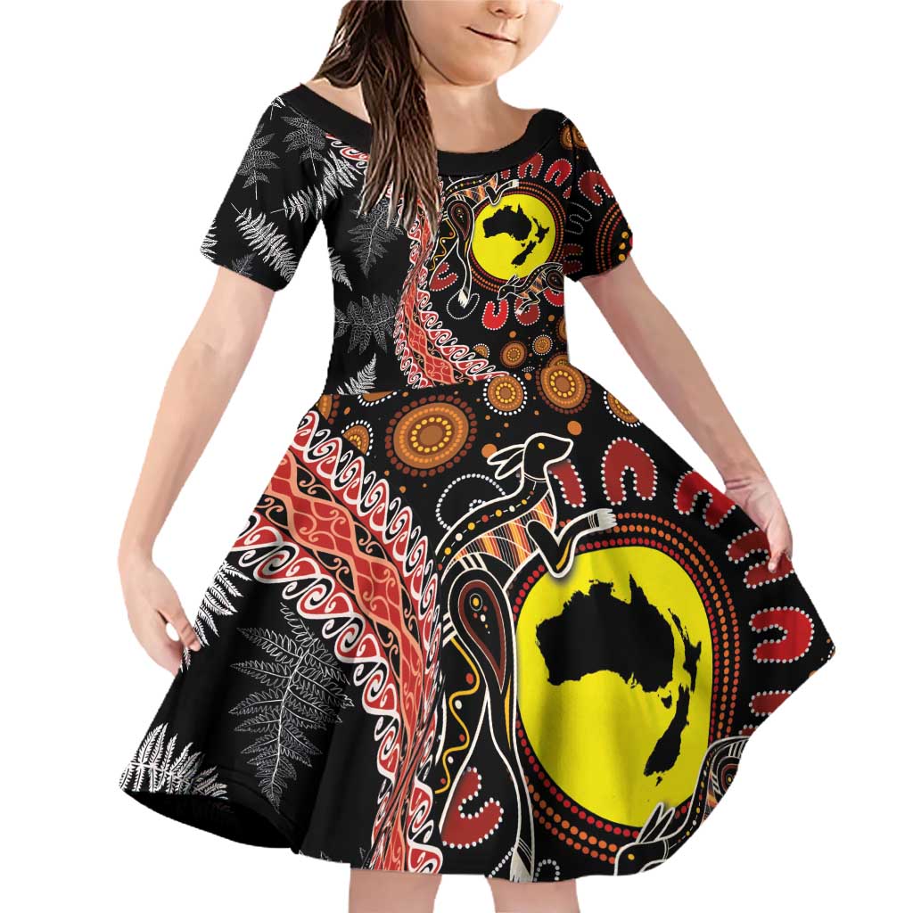 Aotearoa and Australia Family Matching Off Shoulder Short Dress and Hawaiian Shirt Maori Koru Ferns With Aboriginal Kangaroo LT03 Daughter's Dress Black - Polynesian Pride