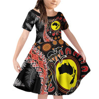 Aotearoa and Australia Family Matching Off Shoulder Short Dress and Hawaiian Shirt Maori Koru Ferns With Aboriginal Kangaroo LT03 Daughter's Dress Black - Polynesian Pride