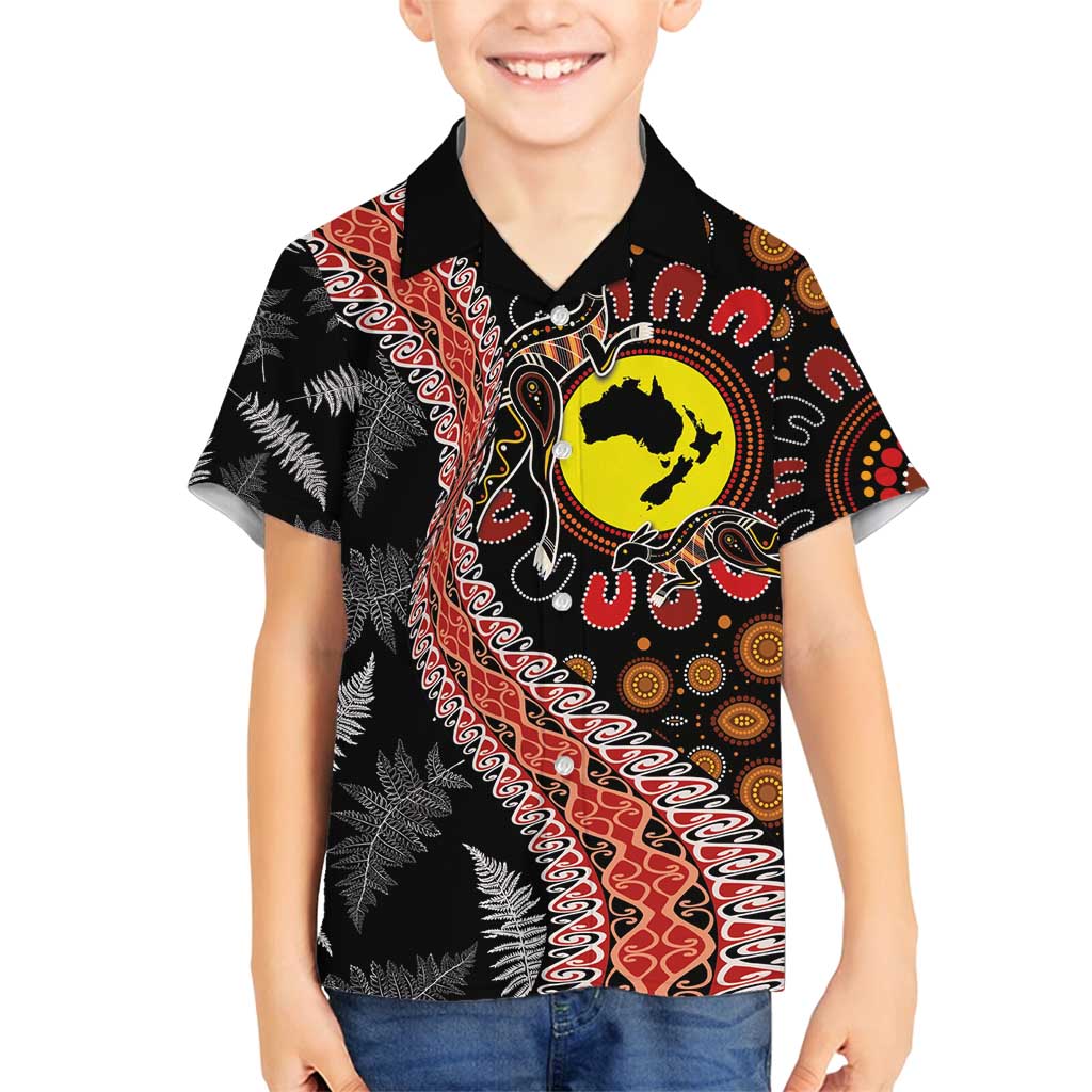 Aotearoa and Australia Family Matching Off Shoulder Short Dress and Hawaiian Shirt Maori Koru Ferns With Aboriginal Kangaroo LT03 Son's Shirt Black - Polynesian Pride
