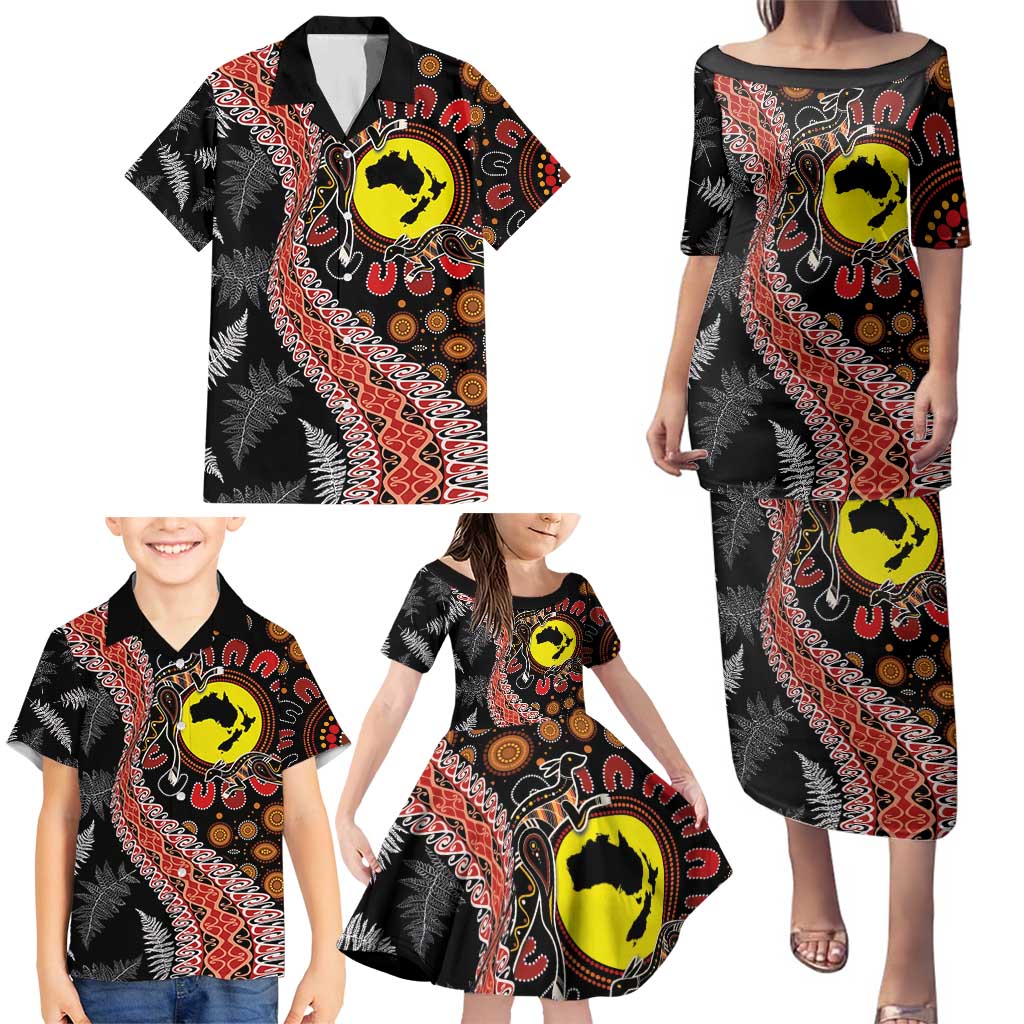 Aotearoa and Australia Family Matching Puletasi and Hawaiian Shirt Maori Koru Ferns With Aboriginal Kangaroo LT03 - Polynesian Pride