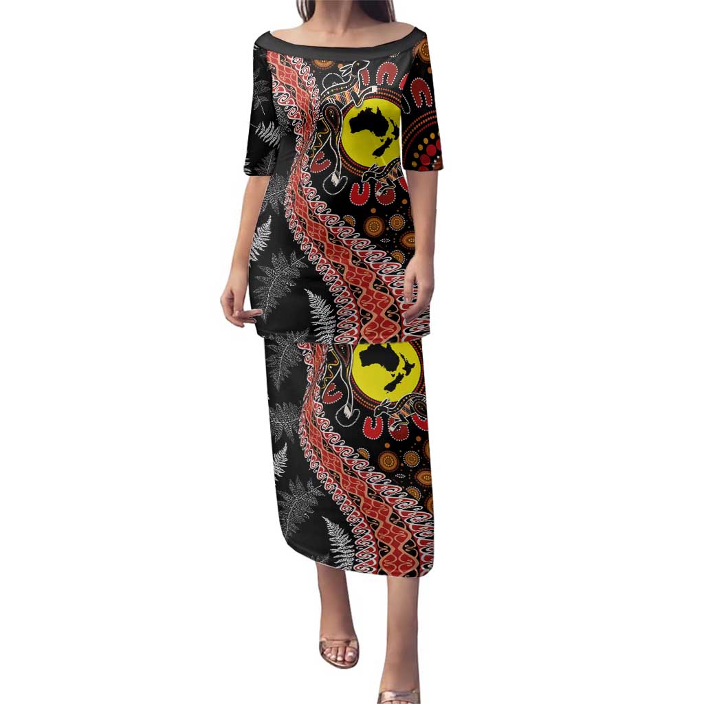 Aotearoa and Australia Family Matching Puletasi and Hawaiian Shirt Maori Koru Ferns With Aboriginal Kangaroo LT03 Mom's Dress Black - Polynesian Pride