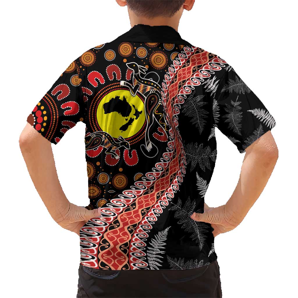 Aotearoa and Australia Family Matching Short Sleeve Bodycon Dress and Hawaiian Shirt Maori Koru Ferns With Aboriginal Kangaroo LT03 - Polynesian Pride