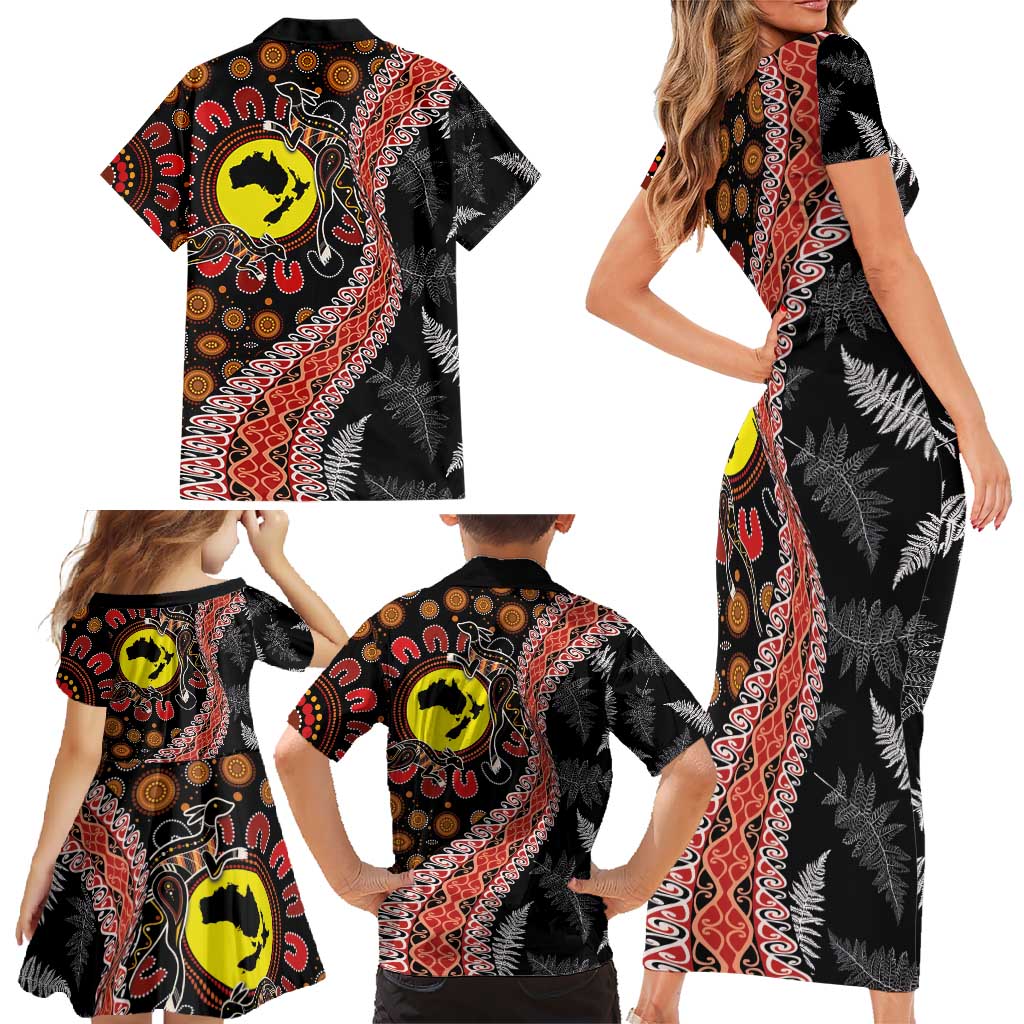 Aotearoa and Australia Family Matching Short Sleeve Bodycon Dress and Hawaiian Shirt Maori Koru Ferns With Aboriginal Kangaroo LT03 - Polynesian Pride