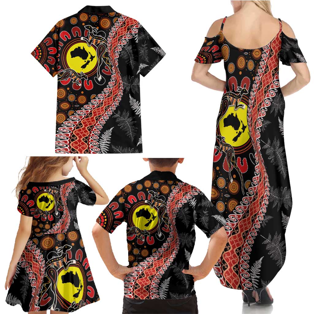 Aotearoa and Australia Family Matching Summer Maxi Dress and Hawaiian Shirt Maori Koru Ferns With Aboriginal Kangaroo LT03 - Polynesian Pride