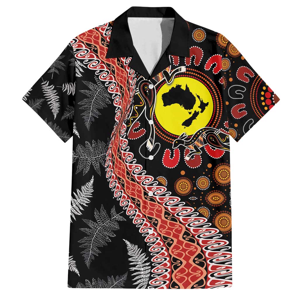 Aotearoa and Australia Family Matching Summer Maxi Dress and Hawaiian Shirt Maori Koru Ferns With Aboriginal Kangaroo LT03 Dad's Shirt - Short Sleeve Black - Polynesian Pride