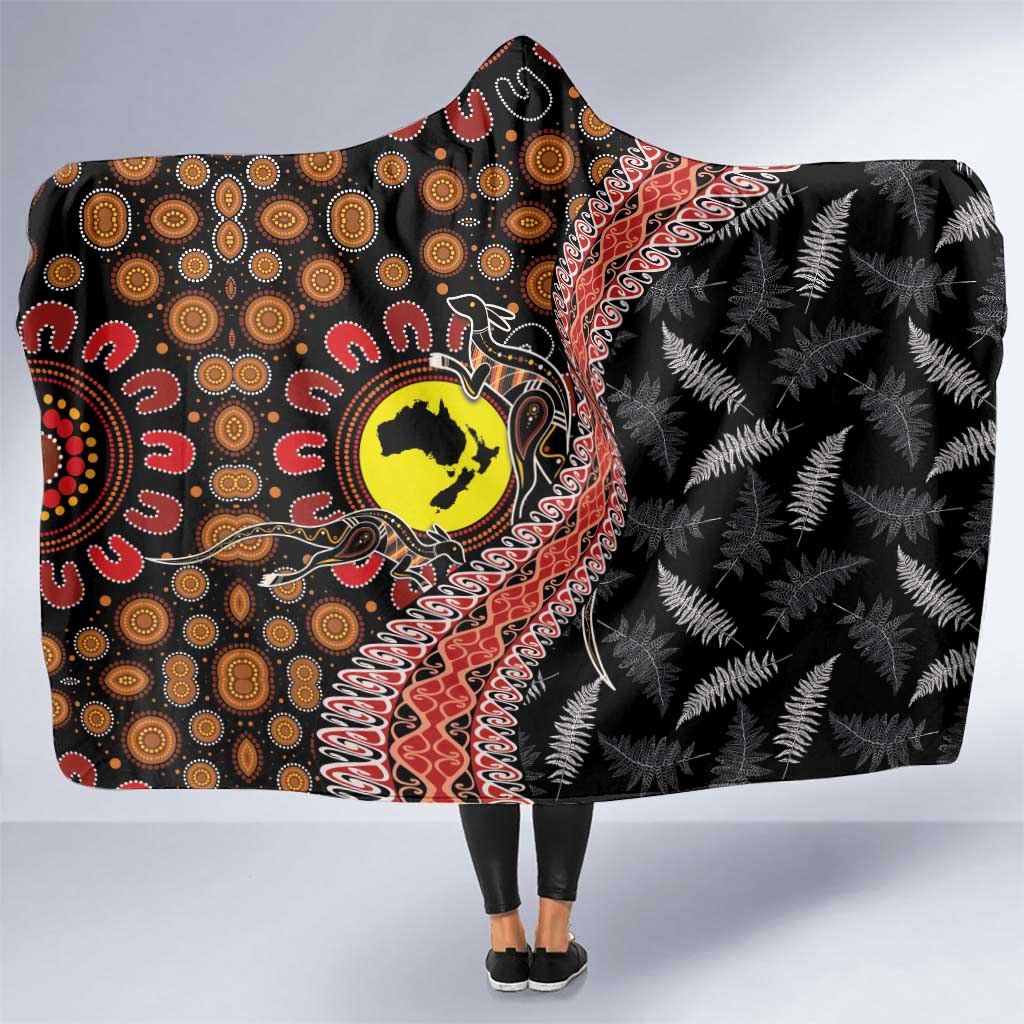 Aotearoa and Australia Hooded Blanket Maori Koru Ferns With Aboriginal Kangaroo LT03 One Size Black - Polynesian Pride