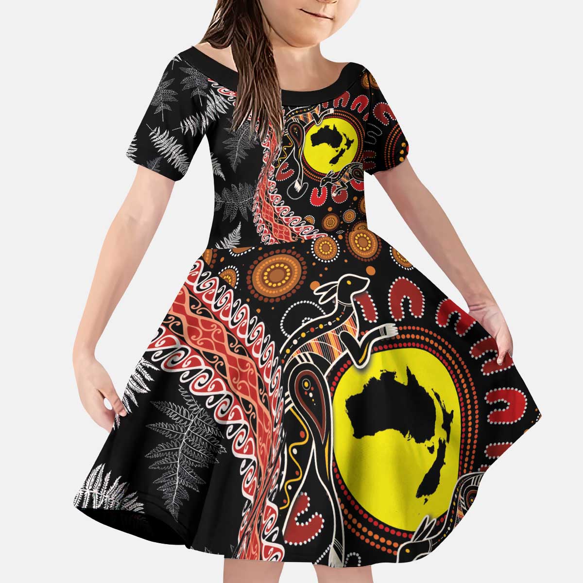 Aotearoa and Australia Kid Short Sleeve Dress Maori Koru Ferns With Aboriginal Kangaroo LT03 KID Black - Polynesian Pride
