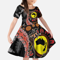 Aotearoa and Australia Kid Short Sleeve Dress Maori Koru Ferns With Aboriginal Kangaroo LT03 KID Black - Polynesian Pride