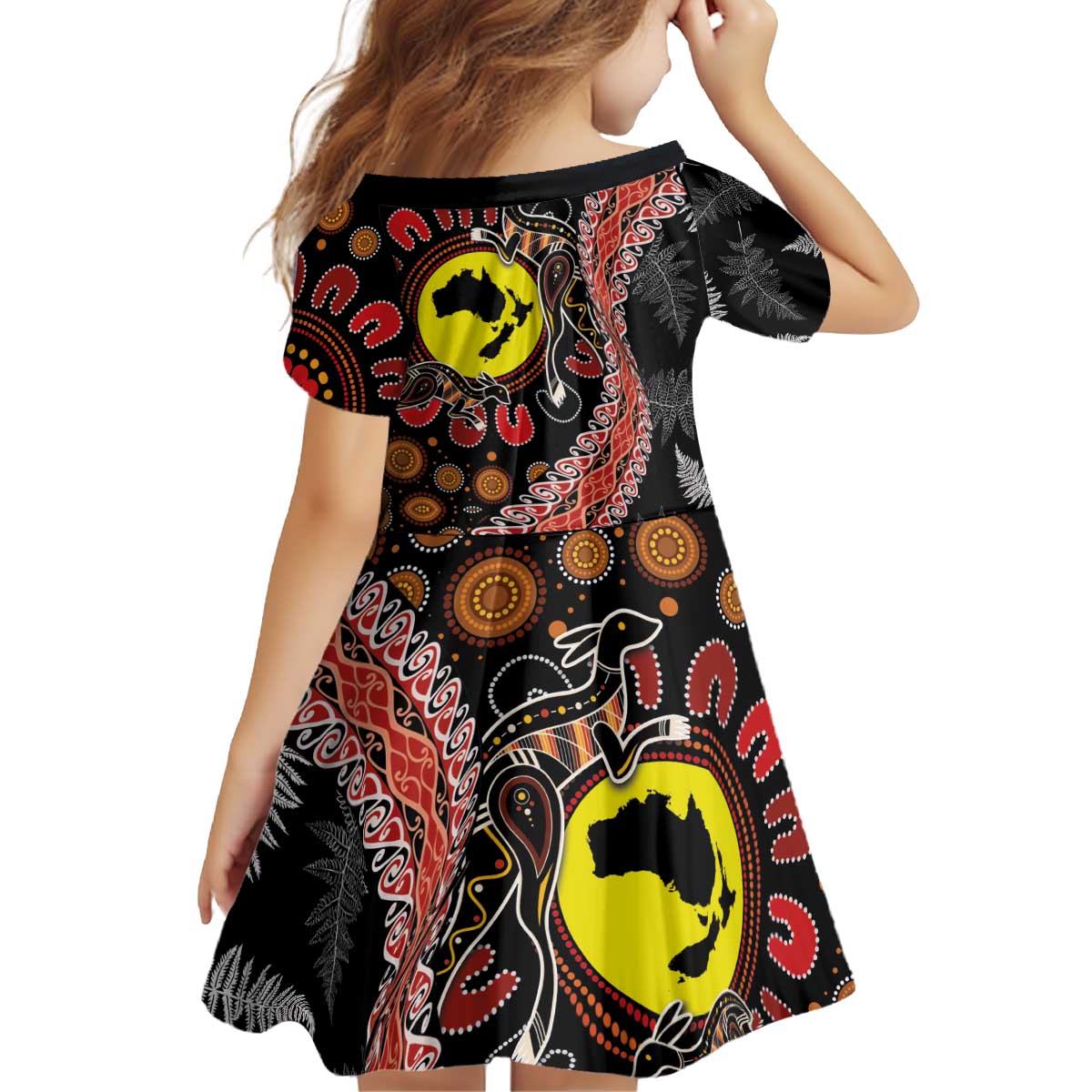 Aotearoa and Australia Kid Short Sleeve Dress Maori Koru Ferns With Aboriginal Kangaroo LT03 - Polynesian Pride