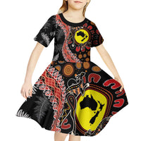 Aotearoa and Australia Kid Short Sleeve Dress Maori Koru Ferns With Aboriginal Kangaroo LT03 - Polynesian Pride