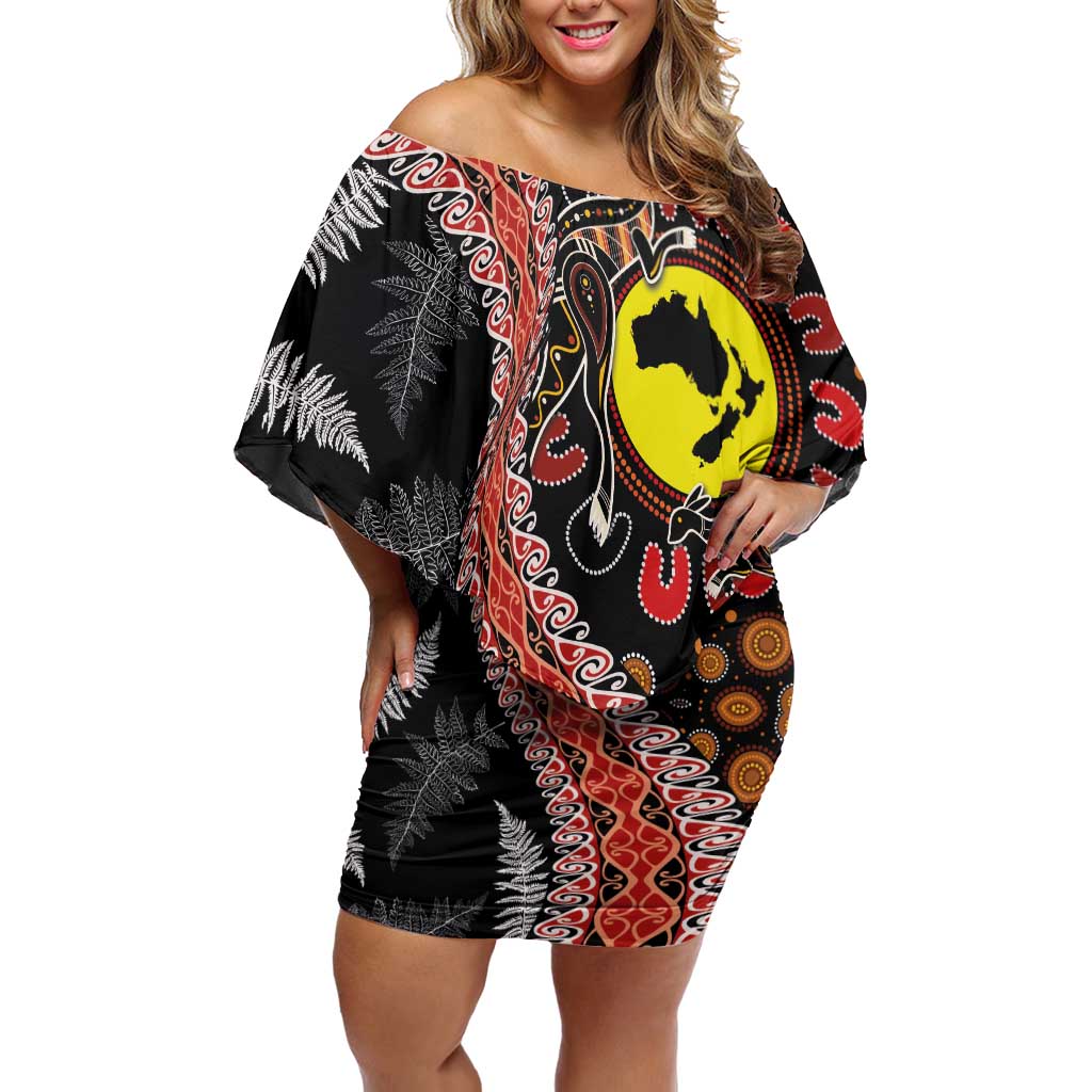 Aotearoa and Australia Off Shoulder Short Dress Maori Koru Ferns With Aboriginal Kangaroo LT03 Women Black - Polynesian Pride