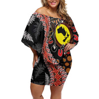 Aotearoa and Australia Off Shoulder Short Dress Maori Koru Ferns With Aboriginal Kangaroo LT03 Women Black - Polynesian Pride
