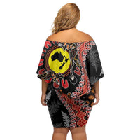 Aotearoa and Australia Off Shoulder Short Dress Maori Koru Ferns With Aboriginal Kangaroo LT03 - Polynesian Pride
