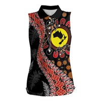 Aotearoa and Australia Women Sleeveless Polo Shirt Maori Koru Ferns With Aboriginal Kangaroo LT03 Female Black - Polynesian Pride