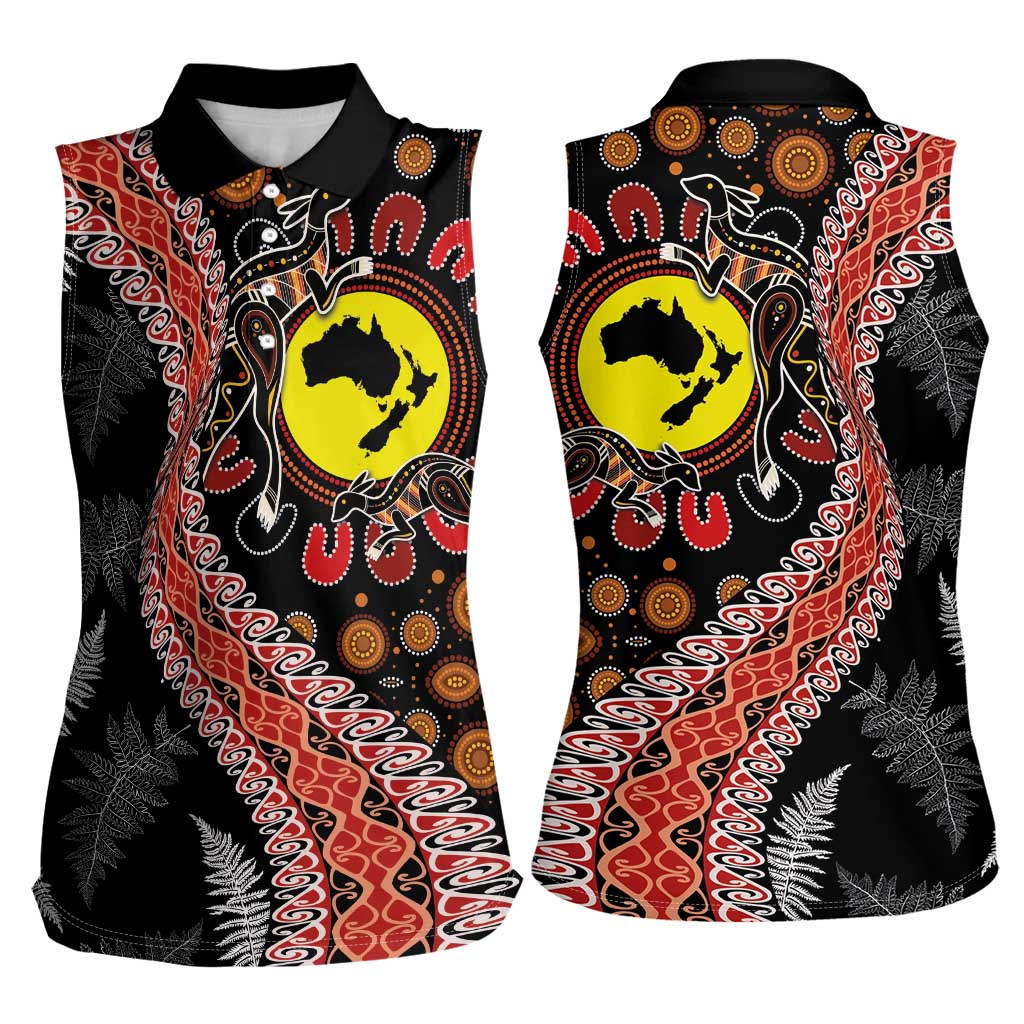 Aotearoa and Australia Women Sleeveless Polo Shirt Maori Koru Ferns With Aboriginal Kangaroo LT03 - Polynesian Pride