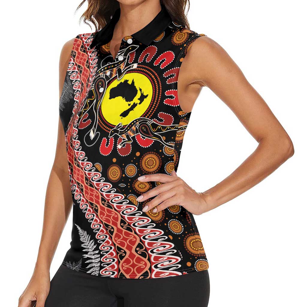 Aotearoa and Australia Women Sleeveless Polo Shirt Maori Koru Ferns With Aboriginal Kangaroo LT03 - Polynesian Pride