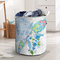 Hawaiian Couple Turtles Honi Laundry Basket Polynesian Art Motifs and Hibiscus White Blue Color LT03 White - Polynesian Pride