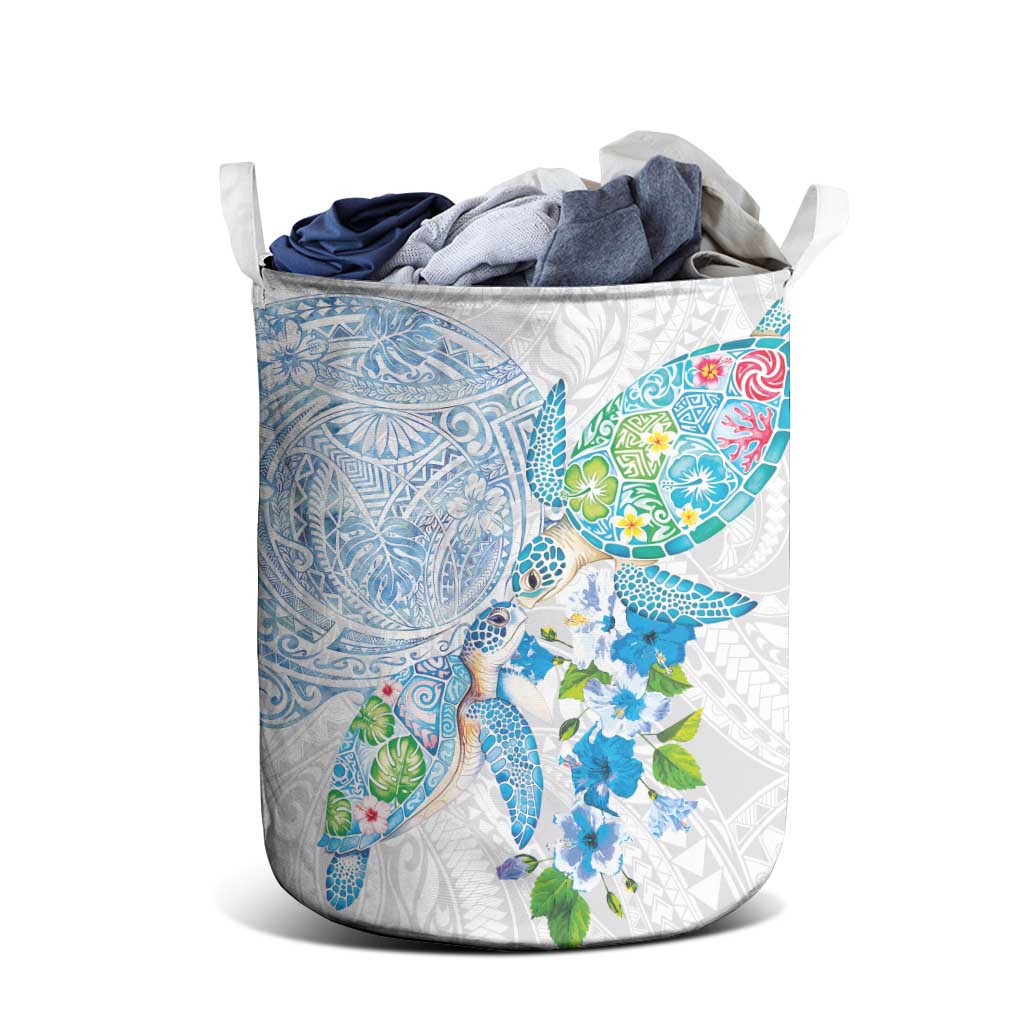 Hawaiian Couple Turtles Honi Laundry Basket Polynesian Art Motifs and Hibiscus White Blue Color LT03 - Polynesian Pride
