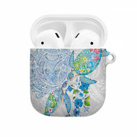 Hawaiian Couple Turtles Honi AirPods Case Polynesian Art Motifs and Hibiscus White Blue Color LT03 White - Polynesian Pride