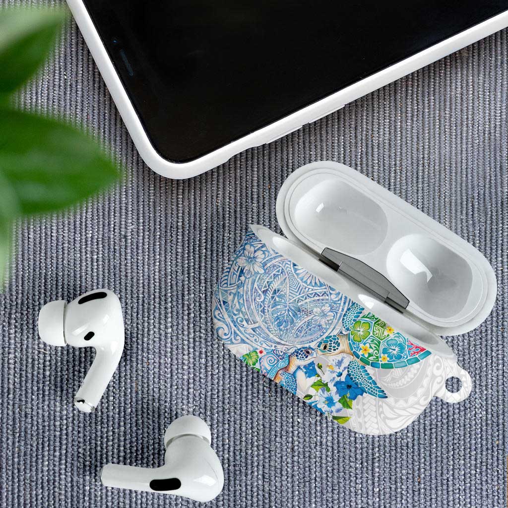 Hawaiian Couple Turtles Honi AirPods Case Polynesian Art Motifs and Hibiscus White Blue Color LT03 - Polynesian Pride