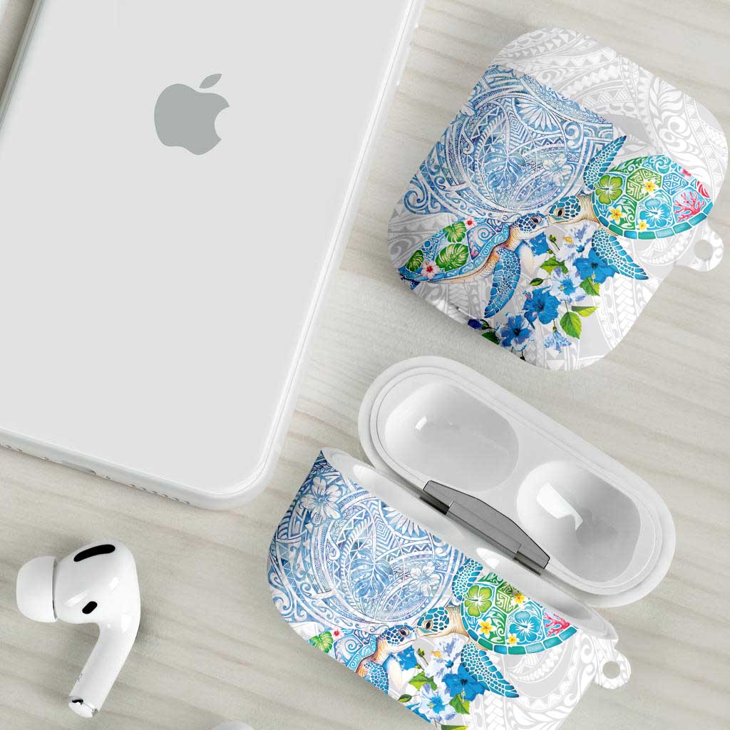 Hawaiian Couple Turtles Honi AirPods Case Polynesian Art Motifs and Hibiscus White Blue Color LT03 - Polynesian Pride