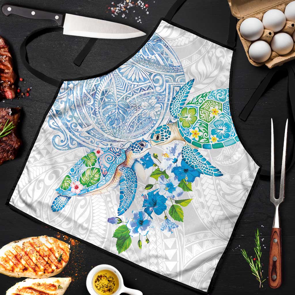 Hawaiian Couple Turtles Honi Apron Polynesian Art Motifs and Hibiscus White Blue Color LT03 White - Polynesian Pride