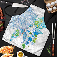 Hawaiian Couple Turtles Honi Apron Polynesian Art Motifs and Hibiscus White Blue Color LT03 White - Polynesian Pride