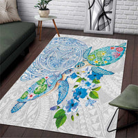 Hawaiian Couple Turtles Honi Area Rug Polynesian Art Motifs and Hibiscus White Blue Color LT03 White - Polynesian Pride