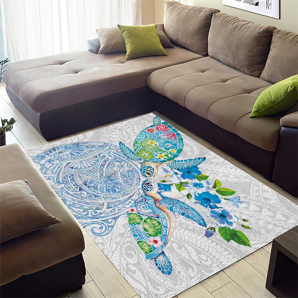 Hawaiian Couple Turtles Honi Area Rug Polynesian Art Motifs and Hibiscus White Blue Color LT03 - Polynesian Pride