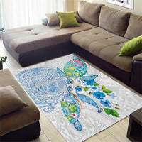 Hawaiian Couple Turtles Honi Area Rug Polynesian Art Motifs and Hibiscus White Blue Color LT03 - Polynesian Pride