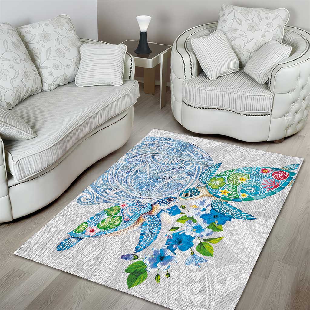 Hawaiian Couple Turtles Honi Area Rug Polynesian Art Motifs and Hibiscus White Blue Color LT03 - Polynesian Pride