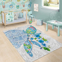 Hawaiian Couple Turtles Honi Area Rug Polynesian Art Motifs and Hibiscus White Blue Color LT03 - Polynesian Pride