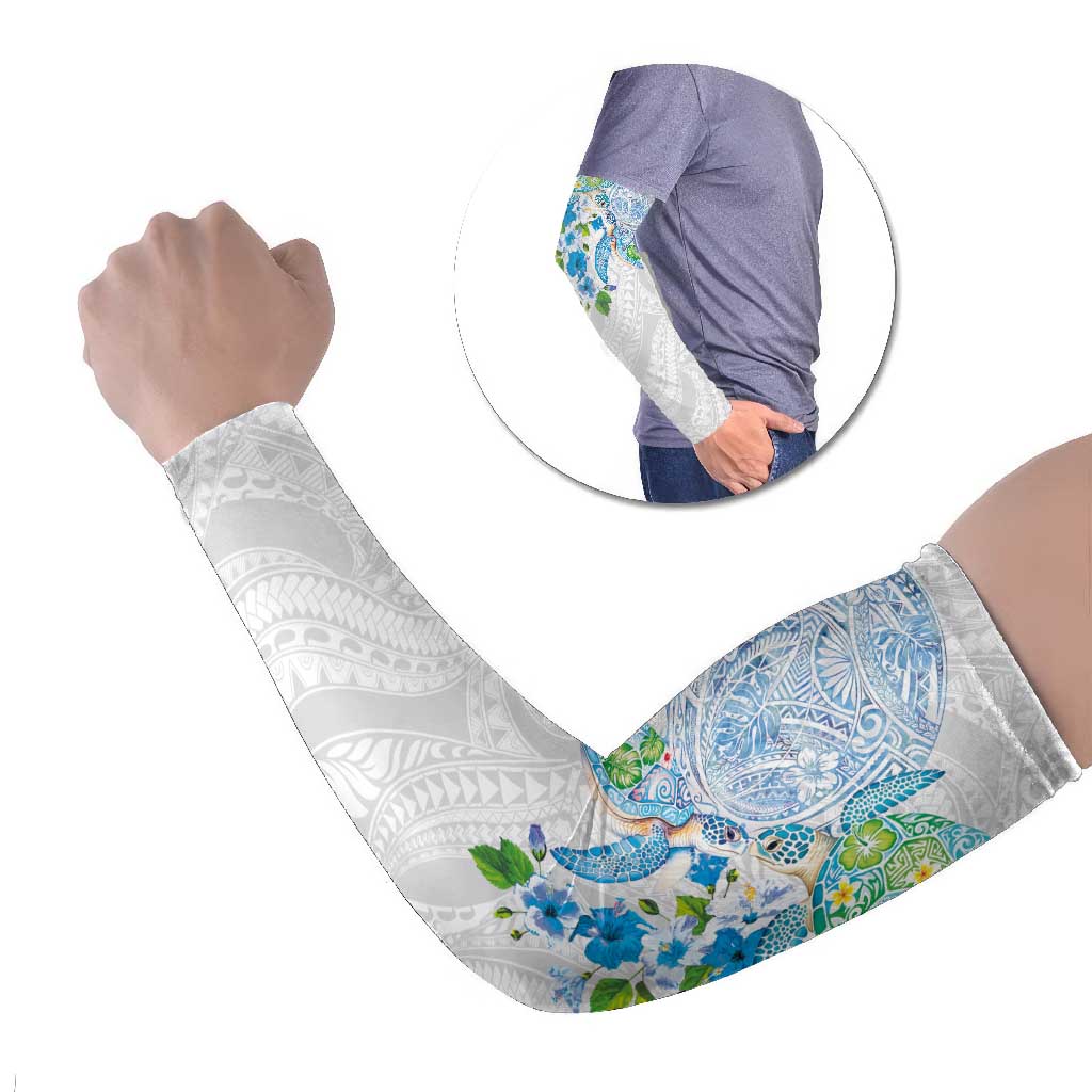 Hawaiian Couple Turtles Honi Arm Sleeves Polynesian Art Motifs and Hibiscus White Blue Color LT03 Set of 2 White - Polynesian Pride