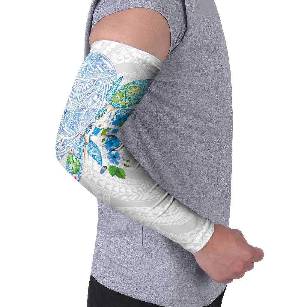Hawaiian Couple Turtles Honi Arm Sleeves Polynesian Art Motifs and Hibiscus White Blue Color LT03 - Polynesian Pride