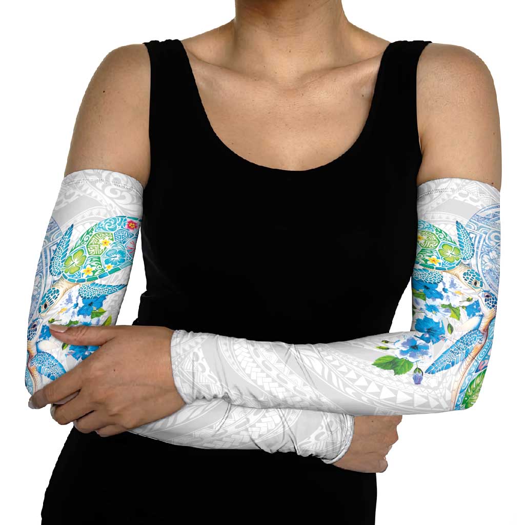 Hawaiian Couple Turtles Honi Arm Sleeves Polynesian Art Motifs and Hibiscus White Blue Color LT03 - Polynesian Pride