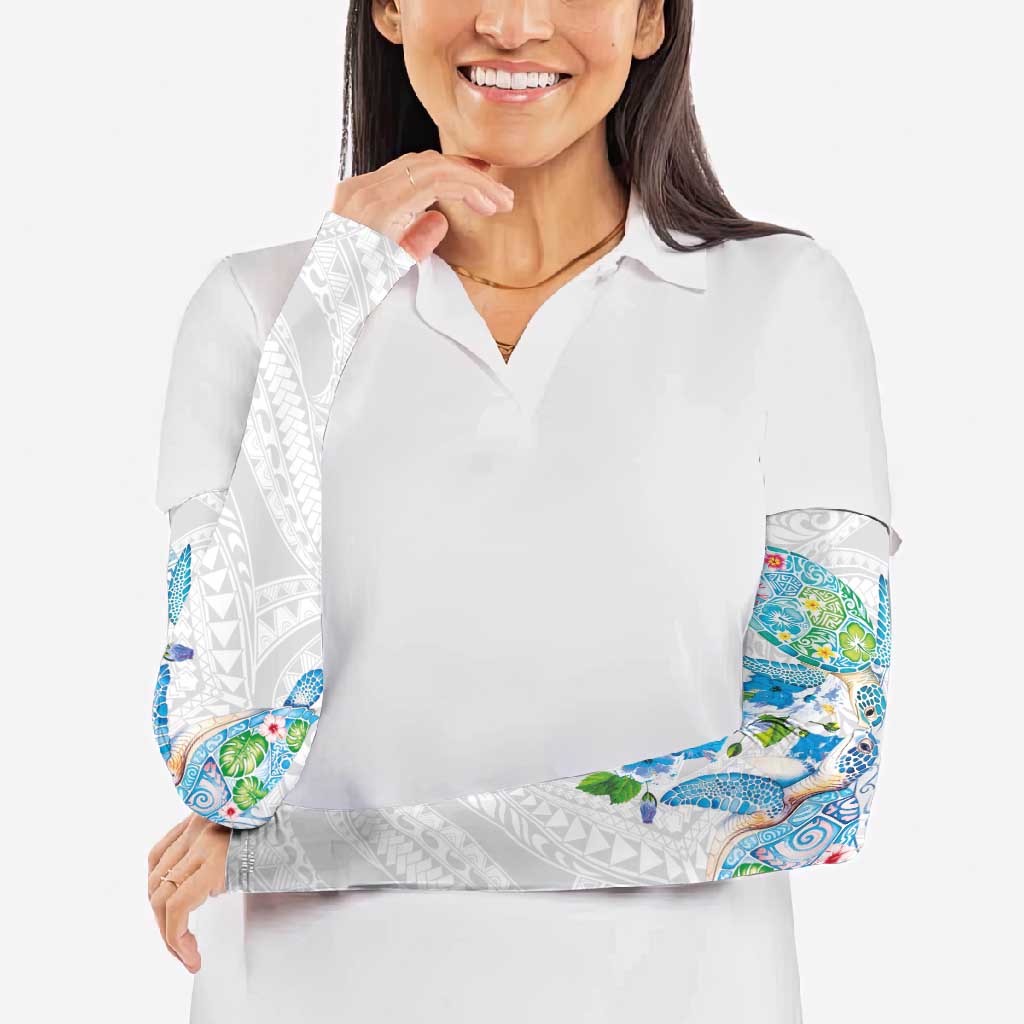Hawaiian Couple Turtles Honi Arm Sleeves Polynesian Art Motifs and Hibiscus White Blue Color LT03 - Polynesian Pride