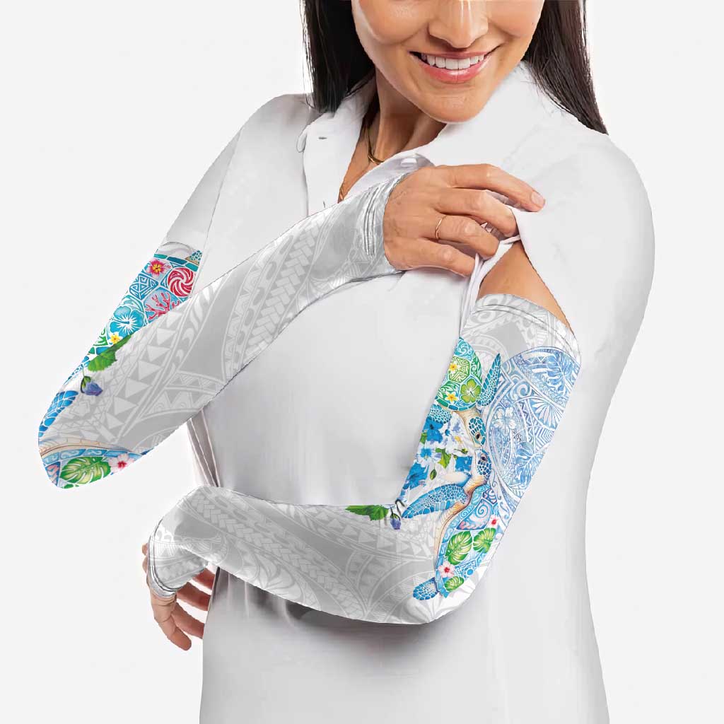 Hawaiian Couple Turtles Honi Arm Sleeves Polynesian Art Motifs and Hibiscus White Blue Color LT03 - Polynesian Pride
